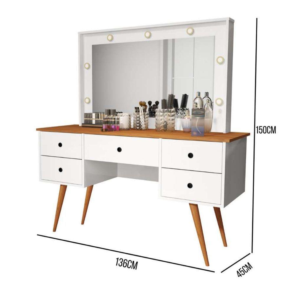 Penteadeira Camarim Com Led Espelho Bancada De Maquiagem Pé Madeira Retrô 5 Gaveta Branco / Nature - 3