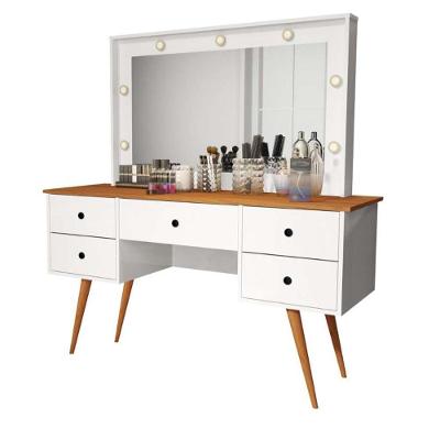 Penteadeira Camarim Com Led Espelho Bancada De Maquiagem Pé Madeira Retrô 5 Gaveta Branco / Nature