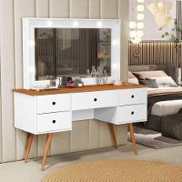 Penteadeira Camarim Com Led Espelho Bancada De Maquiagem Pé Madeira Retrô 5 Gaveta Branco / Nature - 2