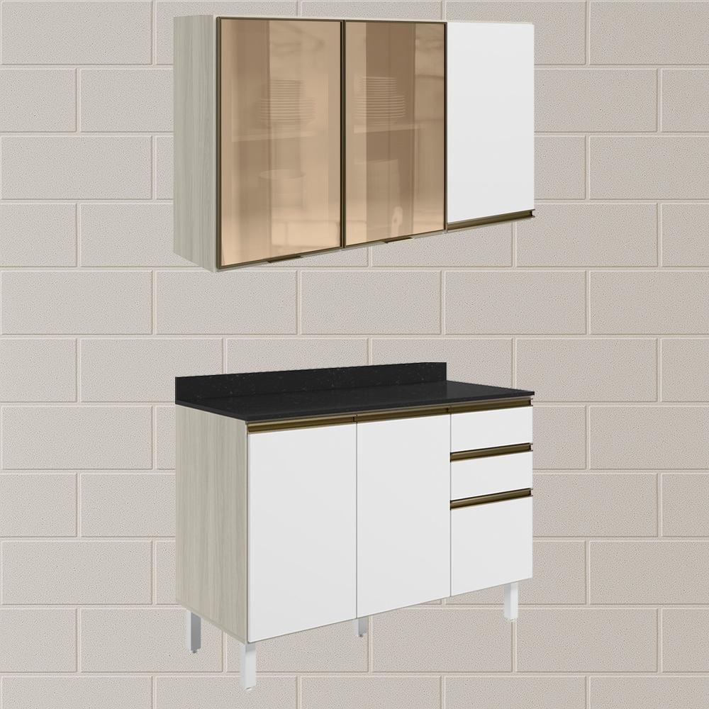 Armario Aereo 3p E Balcao Tampo Mdf Kali Bianco Toq Branco Uv Nicioli - 2