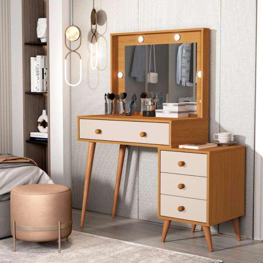 Penteadeira Camarim Com Mesa De Cabeceira Espelho Led 4 Gavetas Pés Em Madeira Nature / Offwhite - 2