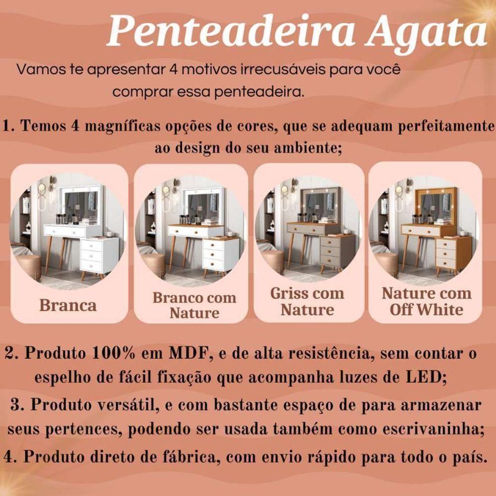 Penteadeira Camarim Com Mesa De Cabeceira Espelho Led 4 Gavetas Pés Em Madeira Nature / Offwhite - 3