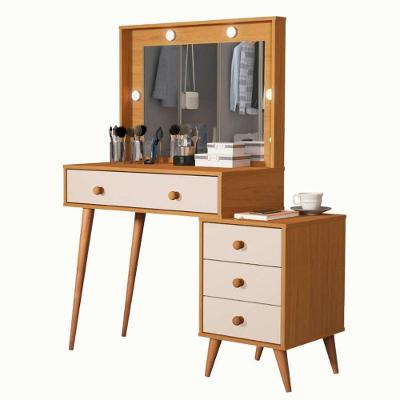 Penteadeira Camarim Com Mesa De Cabeceira Espelho Led 4 Gavetas Pés Em Madeira Nature / Offwhite