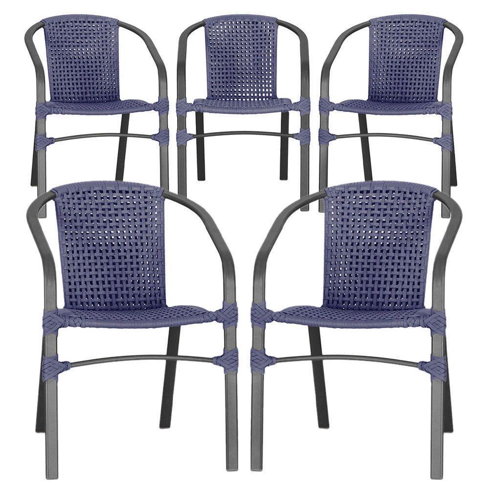 05 Cadeiras Floripa Alumínio Pintura Preta Trama Original Azul - 1