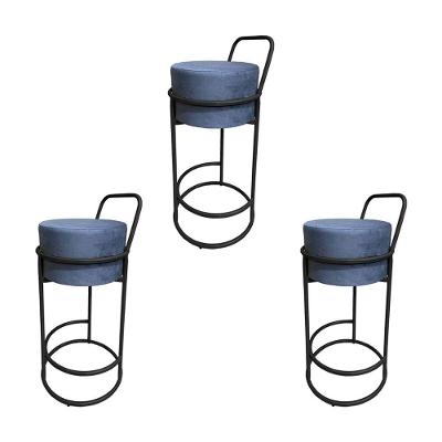 Kit 3 Banquetas Alta Redonda Base Preta Veludo - Cinza