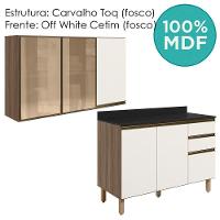 Armario Aereo 3p E Balcao Tampo Mdf Kali Carvalho Toq Off White Cetim Nicioli