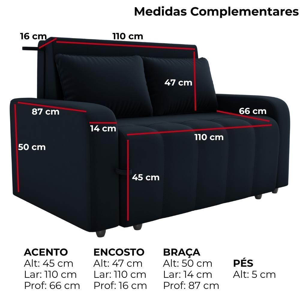 Sofa Cama 2 Lugares 138 Cm Amora Veludo Inca E451 Preto Milani Store Preto - 4