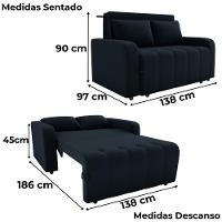 Sofa Cama 2 Lugares 138 Cm Amora Veludo Inca E451 Preto Milani Store Preto - 3
