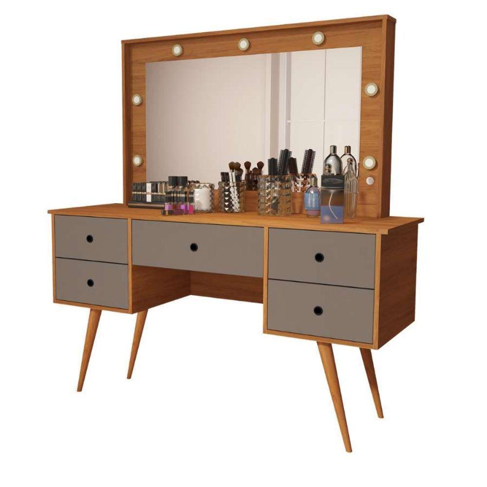 Penteadeira Camarim Com Led Espelho Bancada De Maquiagem Pé Madeira Retrô 5 Gaveta Nature / Cinza - 1