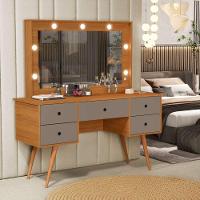 Penteadeira Camarim Com Led Espelho Bancada De Maquiagem Pé Madeira Retrô 5 Gaveta Nature / Cinza - 2