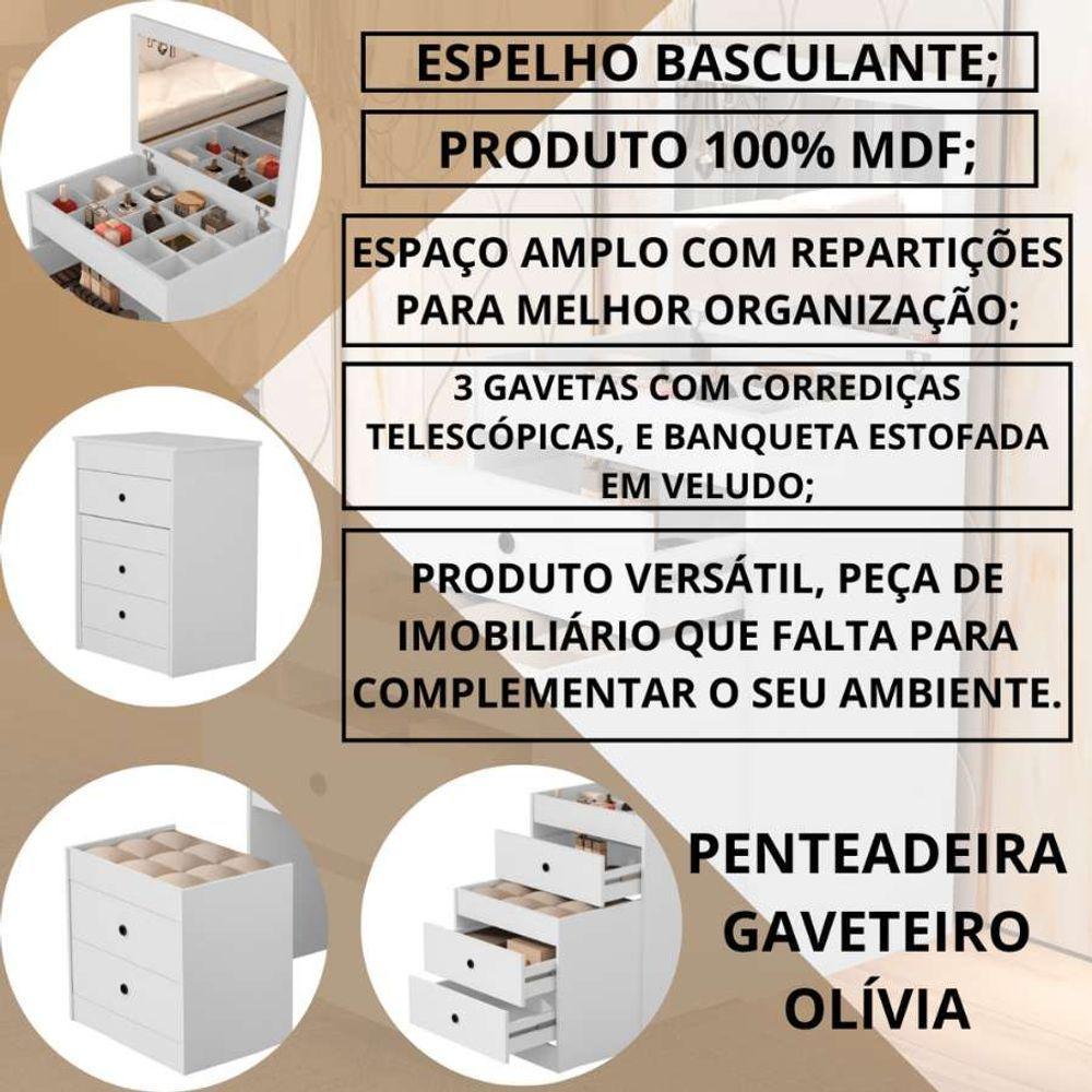 Penteadeira Cômoda Gaveteiro Com Banqueta Embutido 100% Mdf Espelho Basculante Branco - 2