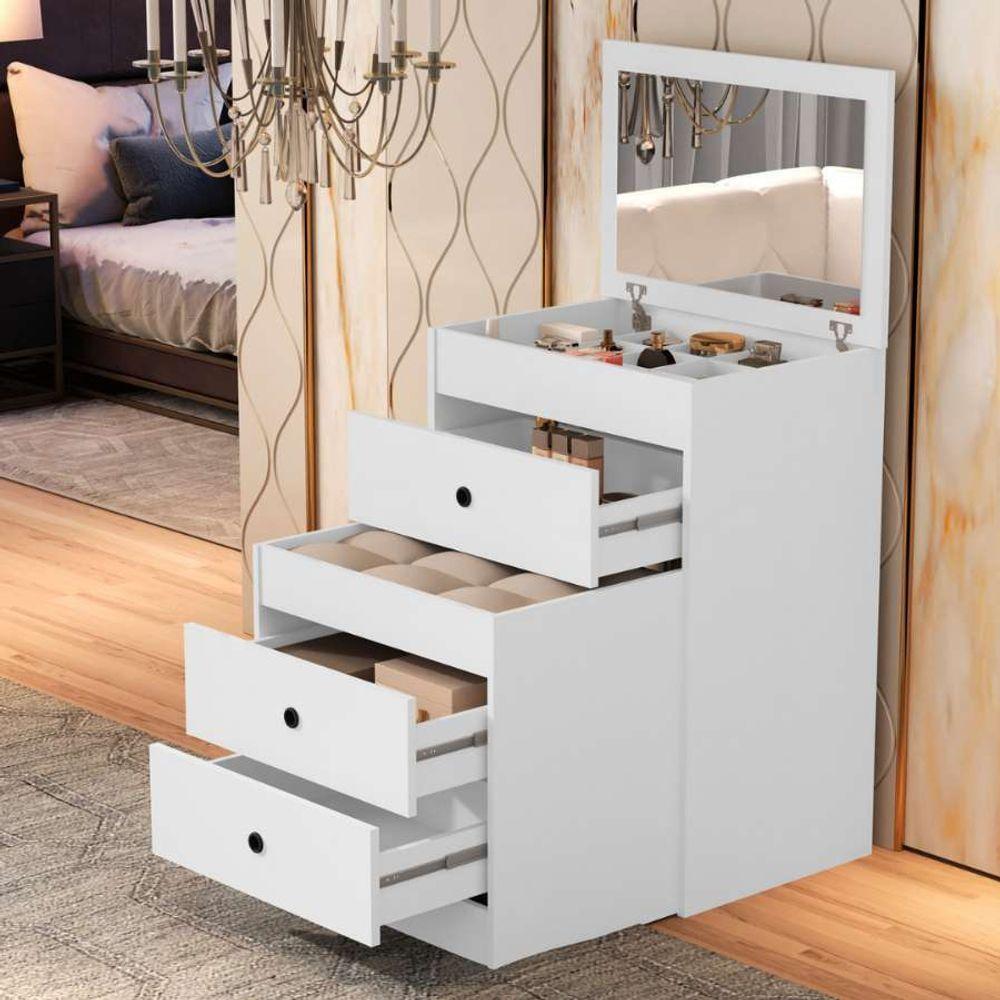 Penteadeira Cômoda Gaveteiro Com Banqueta Embutido 100% Mdf Espelho Basculante Branco - 4