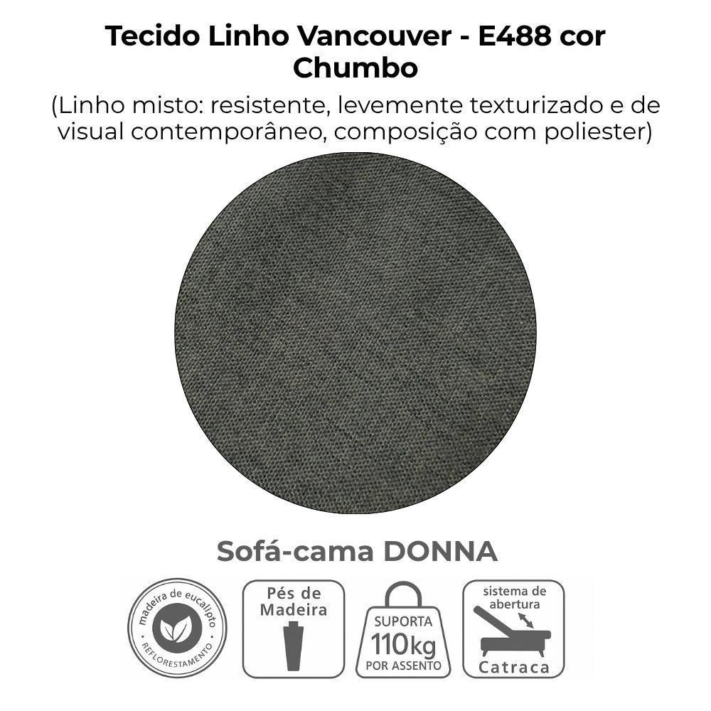 Sofa Cama 2 Lugares 206 Cm Donna Linho Vancouver E484 Chumbo Milani Store Chumbo - 7