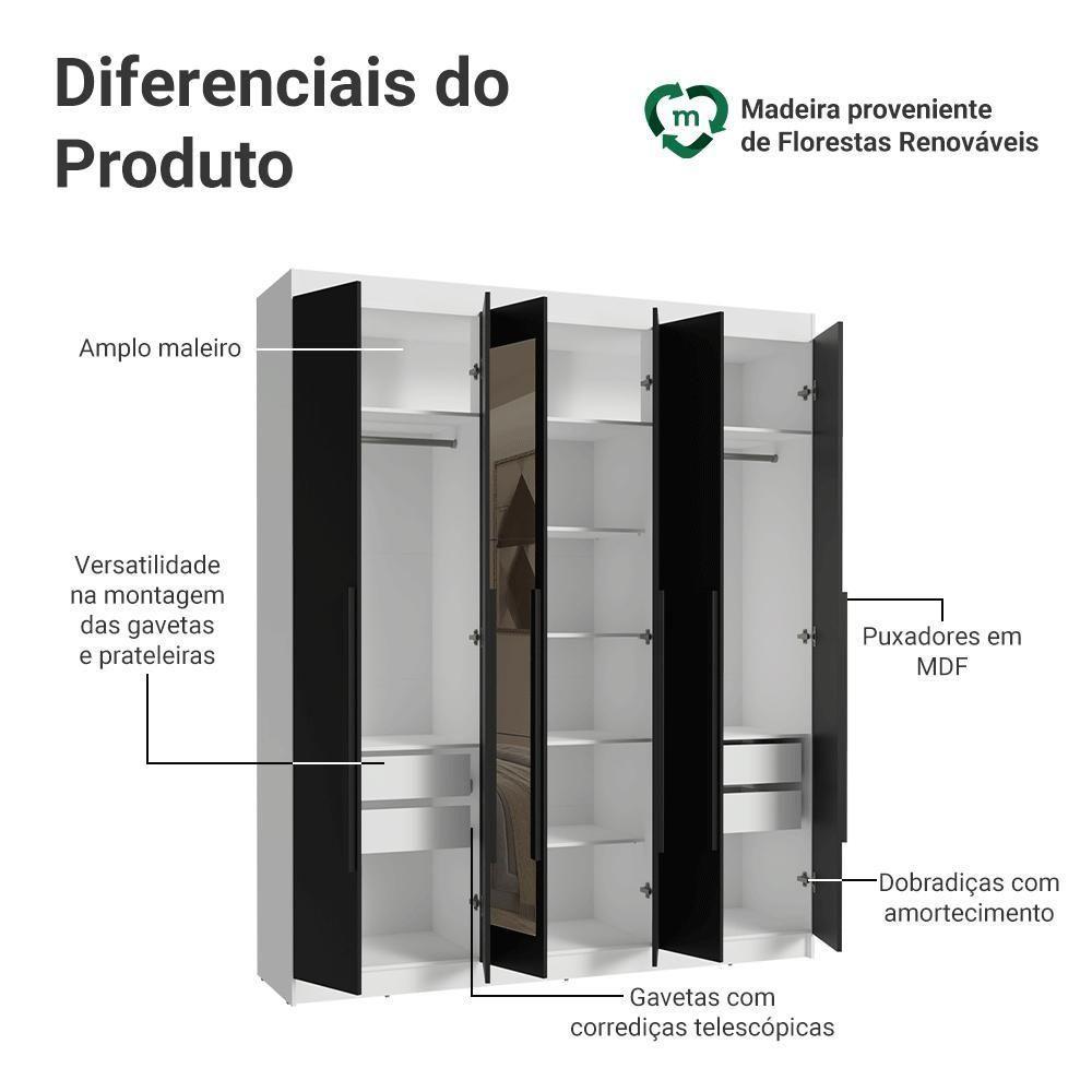 Guarda-roupa Casal 6 Portas Batentes Com Espelho Venus Madesa Branco/preto - 4