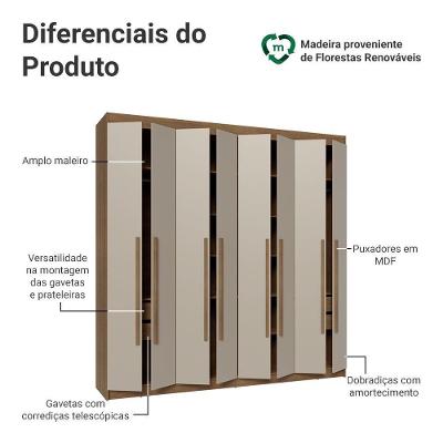 Guarda Roupa Casal Venus 8 Portas Batentes 4 Gavetas Rustic-Crema-Rustic