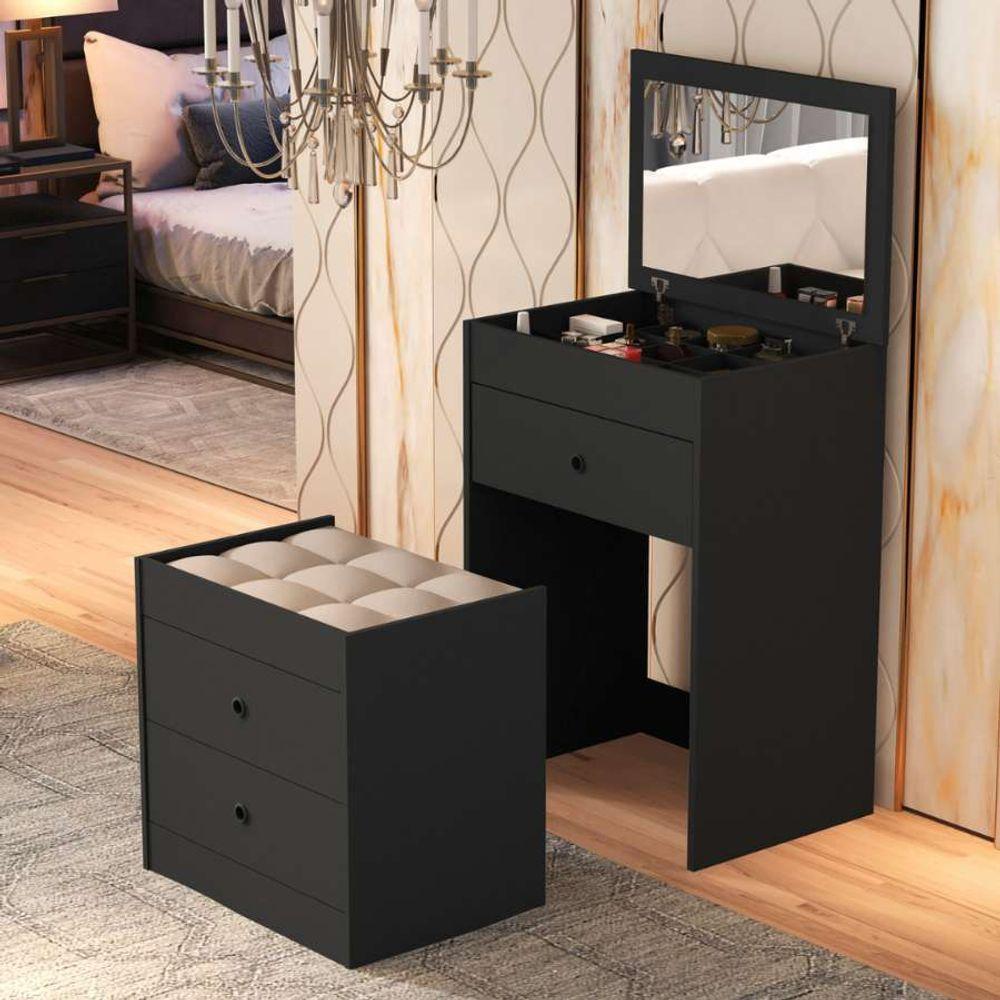 Penteadeira Cômoda Gaveteiro Com Banqueta Embutido 100% Mdf Espelho Basculante Preto - 1