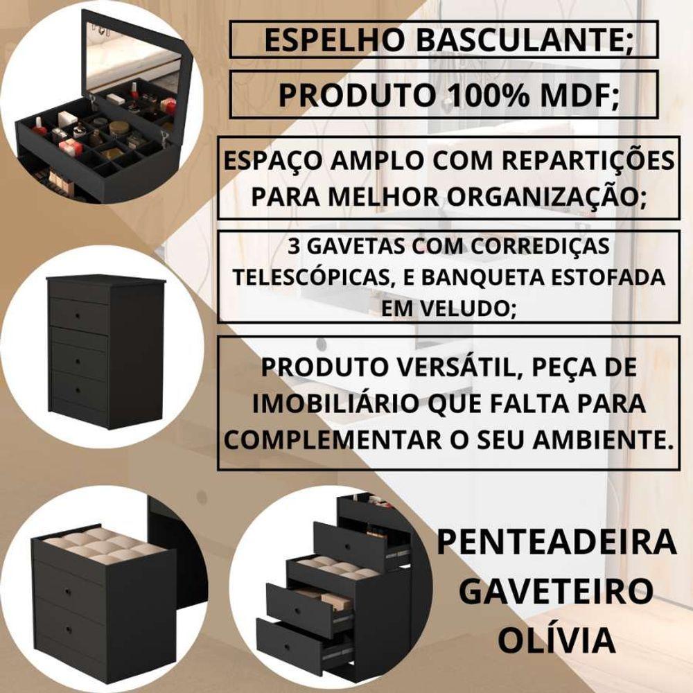 Penteadeira Cômoda Gaveteiro Com Banqueta Embutido 100% Mdf Espelho Basculante Preto - 2