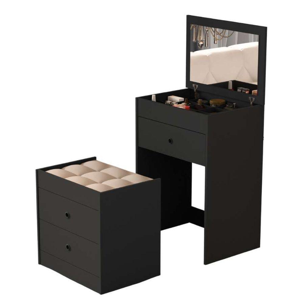 Penteadeira Cômoda Gaveteiro Com Banqueta Embutido 100% Mdf Espelho Basculante Preto - 3