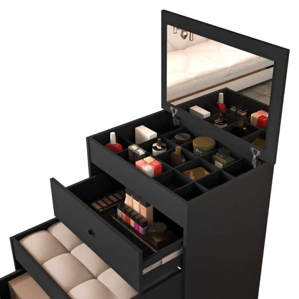 Penteadeira Cômoda Gaveteiro Com Banqueta Embutido 100% Mdf Espelho Basculante Preto - 5