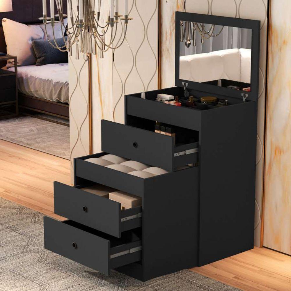 Penteadeira Cômoda Gaveteiro Com Banqueta Embutido 100% Mdf Espelho Basculante Preto - 6