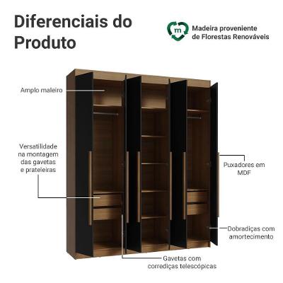 Guarda Roupa Casal Venus 6 Portas Batentes Rustic-Preto-Rustic Madesa