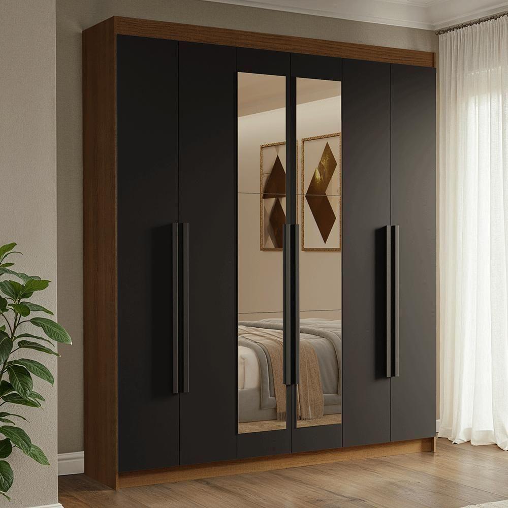 Guarda-roupa Casal 6 Portas Batentes Com Espelho Venus Madesa Rustic/preto - 1