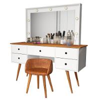 Penteadeira Camarim Com Espelho Led 5 Gavetas Banqueta Inclusa Courino Pé Madeira Branco/nature - 1