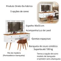 Penteadeira Camarim Com Espelho Led 5 Gavetas Banqueta Inclusa Courino Pé Madeira Branco/nature - 2