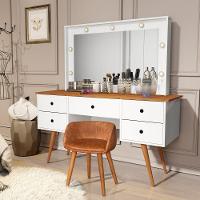 Penteadeira Camarim Com Espelho Led 5 Gavetas Banqueta Inclusa Courino Pé Madeira Branco/nature - 5