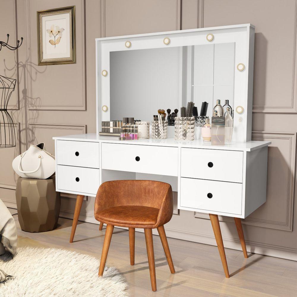 Penteadeira Camarim Com Espelho Led 5 Gavetas Banqueta Inclusa Courino Pé Madeira Branco - 2