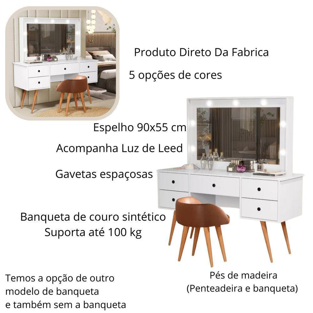 Penteadeira Camarim Com Espelho Led 5 Gavetas Banqueta Inclusa Courino Pé Madeira Branco - 3