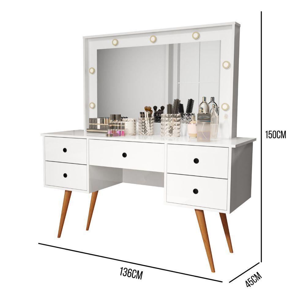 Penteadeira Camarim Com Espelho Led 5 Gavetas Banqueta Inclusa Courino Pé Madeira Branco - 4