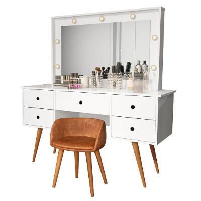 Penteadeira Camarim Com Espelho Led 5 Gavetas Banqueta Inclusa Courino Pé Madeira Branco