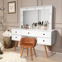 Penteadeira Camarim Com Espelho Led 5 Gavetas Banqueta Inclusa Courino Pé Madeira Branco - 2