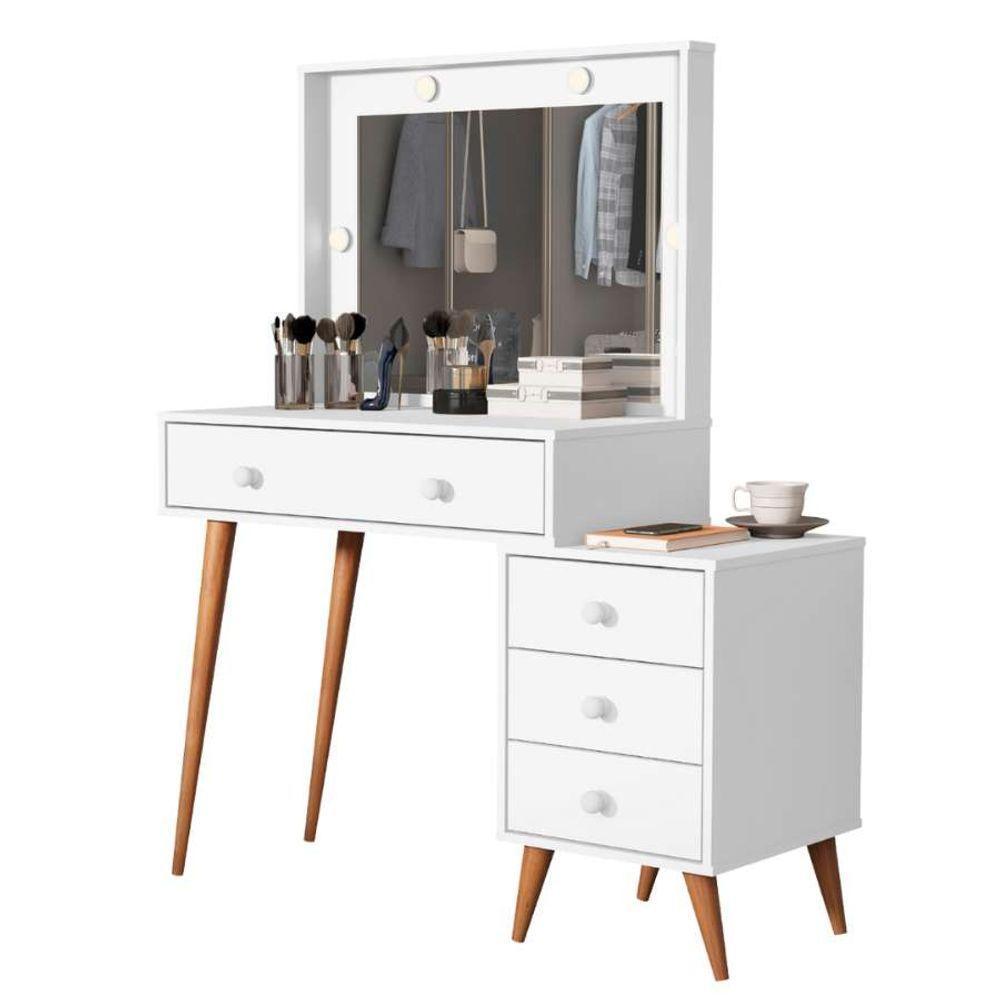 Penteadeira Camarim Com Mesa De Cabeceira Espelho Led 4 Gavetas Pés Em Madeira Branco - 1