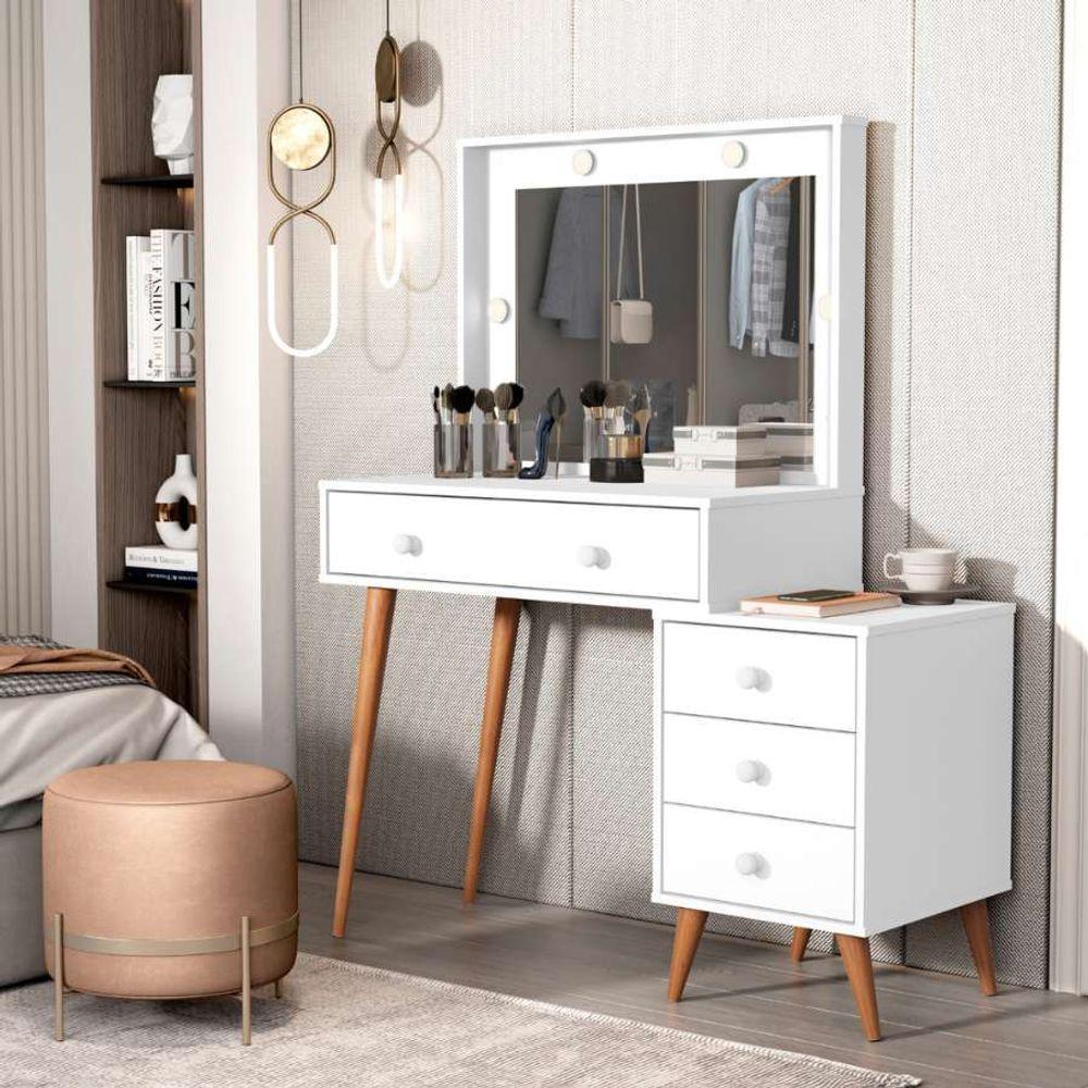 Penteadeira Camarim Com Mesa De Cabeceira Espelho Led 4 Gavetas Pés Em Madeira Branco - 2