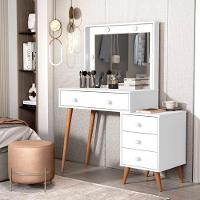 Penteadeira Camarim Com Mesa De Cabeceira Espelho Led 4 Gavetas Pés Em Madeira Branco - 2