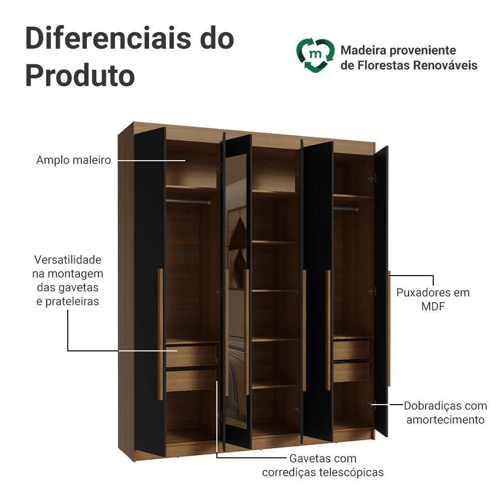 Guarda-roupa Casal 6 Portas Batentes Com Espelho Venus Madesa Rustic/preto - 4