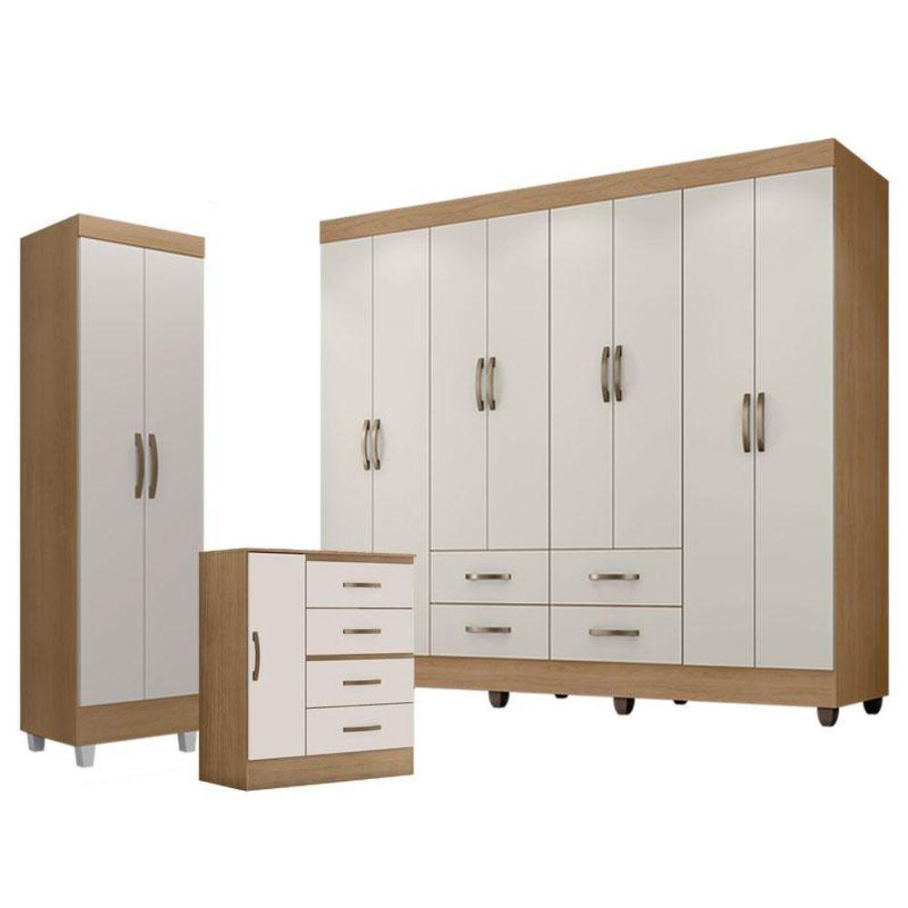 Guarda Roupa Casal Porto Com Cômoda 4 Gavetas E 1 Porta E Armário Multiuso Lite Nature Off White - Leão - 1