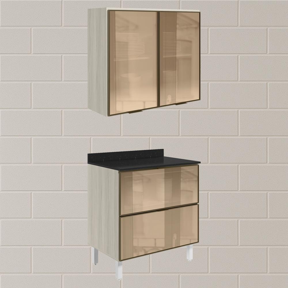 Armario Aereo E Balcao Em Vidro 2p 2g 80 Cm Mdf Kali Bianco Toq Nicioli - 2