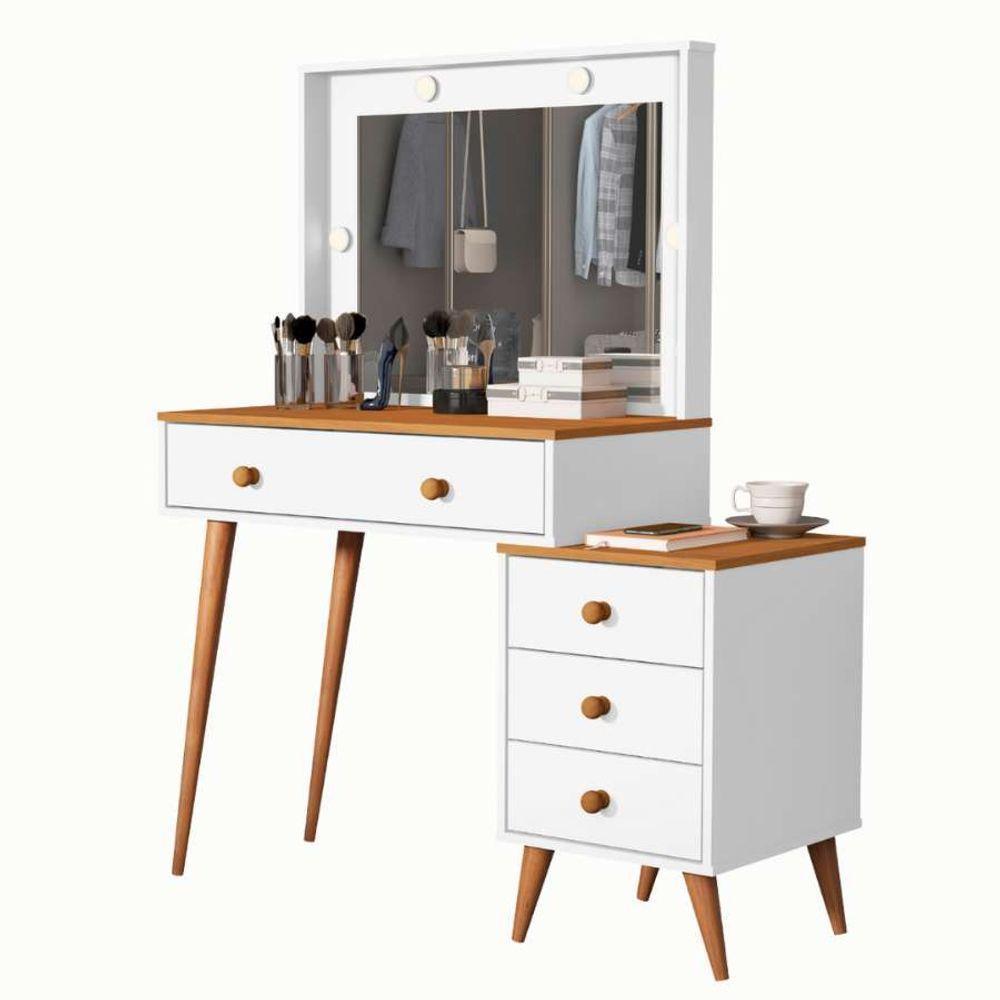 Penteadeira Camarim Com Mesa De Cabeceira Espelho Led 4 Gavetas Pés Em Madeira Branco / Nature - 1