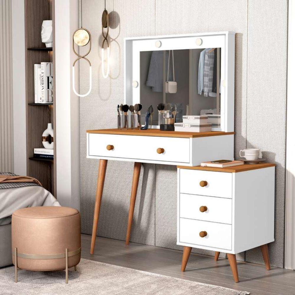 Penteadeira Camarim Com Mesa De Cabeceira Espelho Led 4 Gavetas Pés Em Madeira Branco / Nature - 2