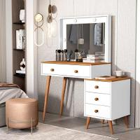 Penteadeira Camarim Com Mesa De Cabeceira Espelho Led 4 Gavetas Pés Em Madeira Branco / Nature - 2