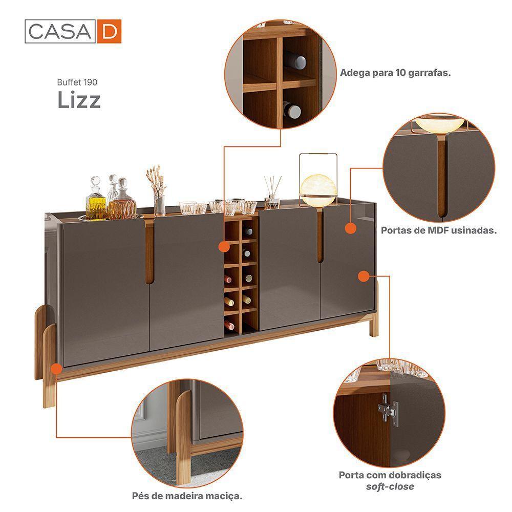 Balcão Buffet Lizz Com 4 Portas E Adega 1,90 Cinza Pérola/cedro - 6