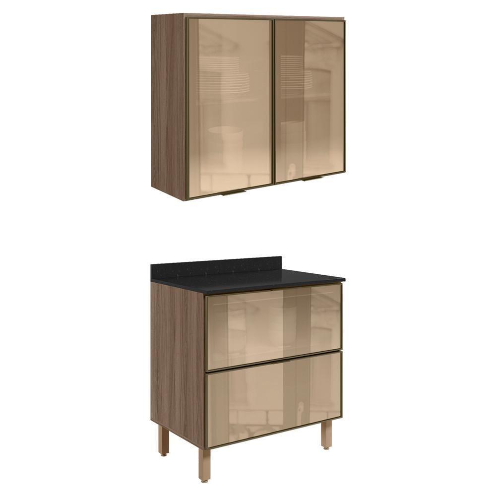 Armario Aereo E Balcao Em Vidro 2p 2g 80 Cm Mdf Kali Carvalho Toq Nicioli - 1