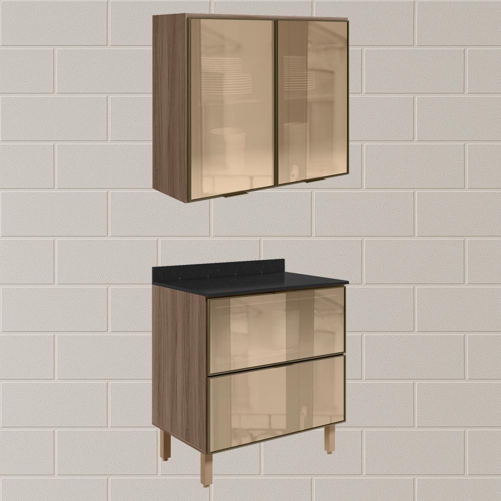 Armario Aereo E Balcao Em Vidro 2p 2g 80 Cm Mdf Kali Carvalho Toq Nicioli - 2