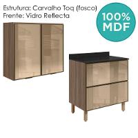 Armario Aereo E Balcao Em Vidro 2p 2g 80 Cm Mdf Kali Carvalho Toq Nicioli