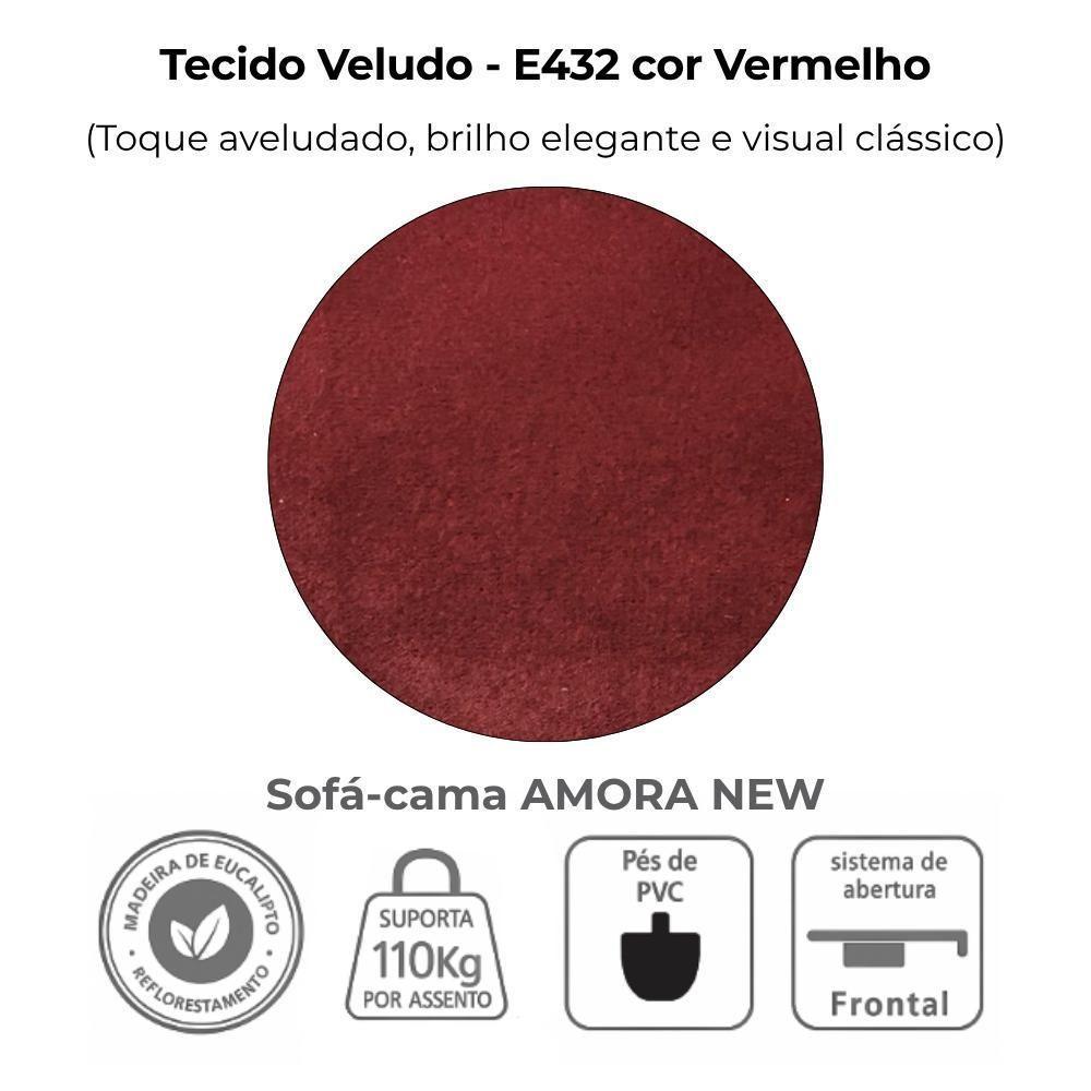 Sofa Cama 2 Lugares 138 Cm Amora New Veludo E432 Vermelho Milani Store Vermelho - 6
