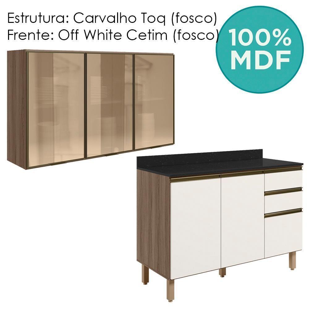Armario Aereo Vidro Balcao Tampo Mdf Kali Carvalho Toq Off White Cetim Nicioli - 4