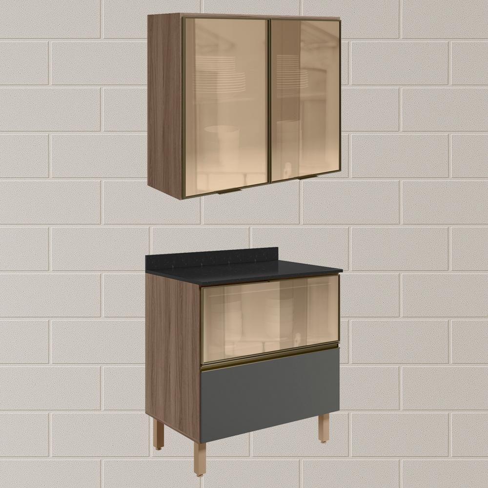 Armario Aereo Vidro Balcao 80 Cm Mdf Kali Carvalho Toq Chumbo Nicioli - 2